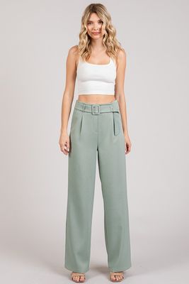 Belted Wide Pants-Sage Green