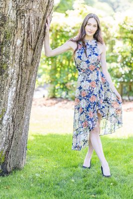 PD-16599 Floral High-Low Halter Dress-Navy