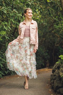 PS-18909 Tiered Floral Skirt-Cream Multi