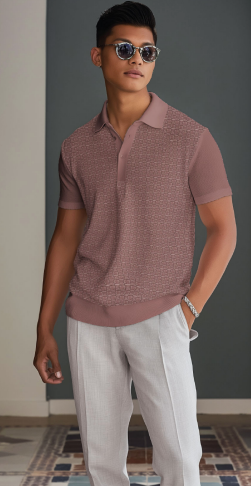7463421 Textured Knit Polo Tee-Rosa Mix