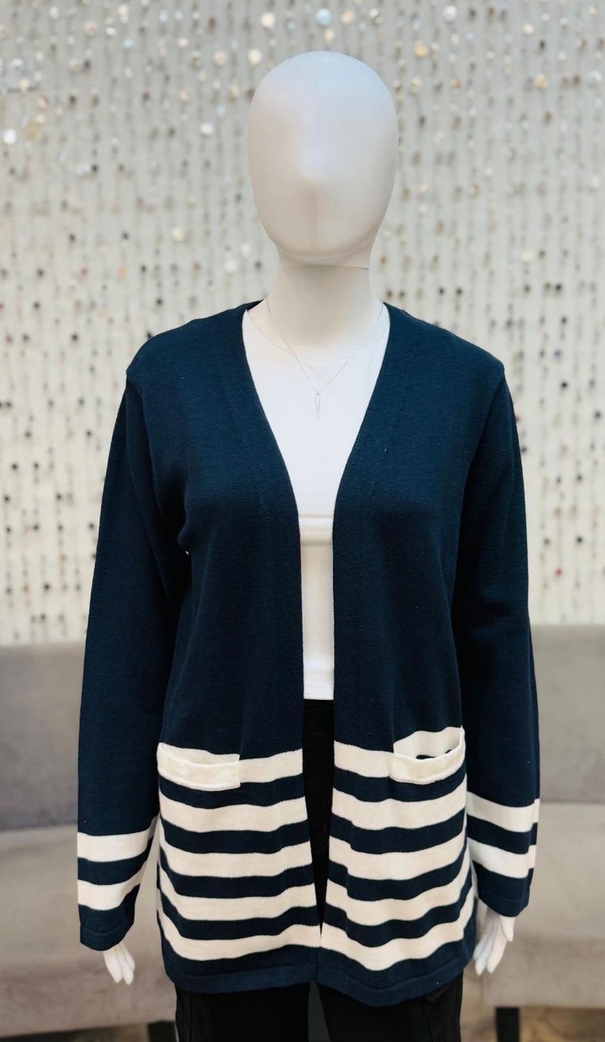34642 Stripe Cardigan-Navy/White