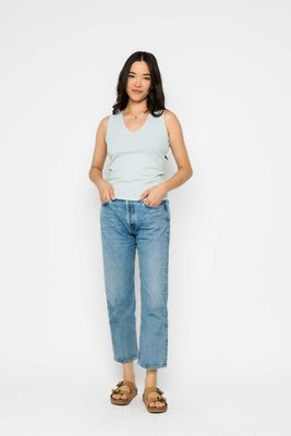 1003 Joelle Textured V Tank-Aquamarine Stripe