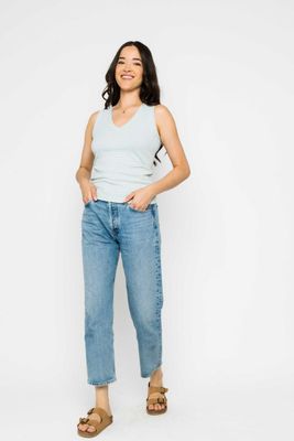 1003 Joelle Textured V Tank-Aquamarine Stripe