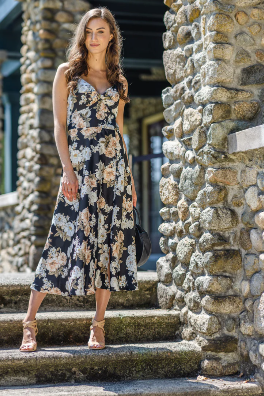 PD-16551 Floral Knotted Satin Dress-Black