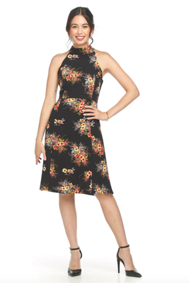 PD-18502 Crepe Floral Halter Neck Dress-Black