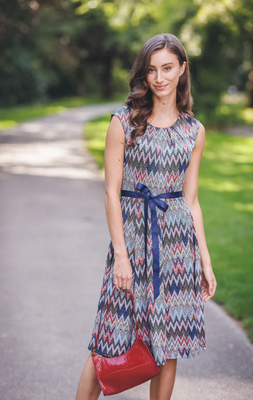 PD-18554 Stretch Cheveron Print Dress-Navy