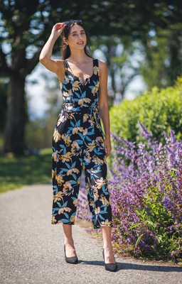PP-18817 Floral Stretch Jumpsuit-Black