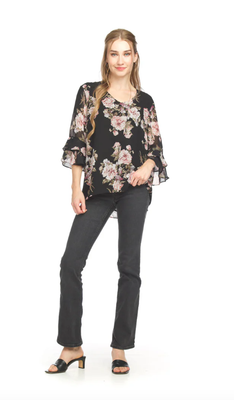 PT-18080 Floral Bell Sleeve Blouse-Black