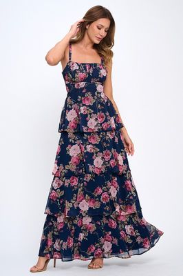 Floral Triple Layer Tie Back Dress-Navy