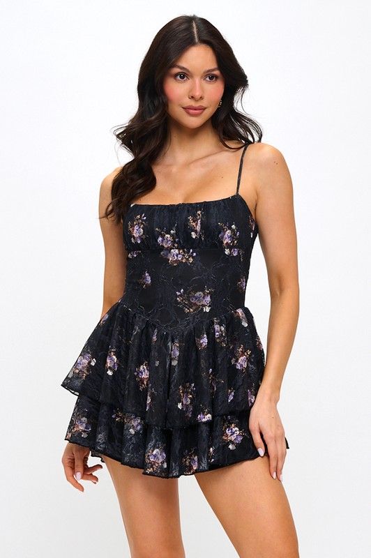Floral Double Layer Skater Dress-Black