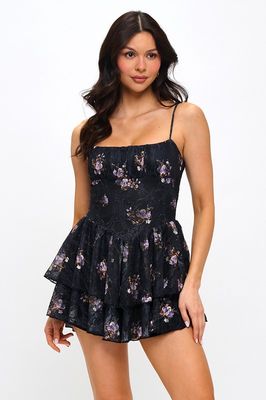 Floral Double Layer Skater Dress-Black