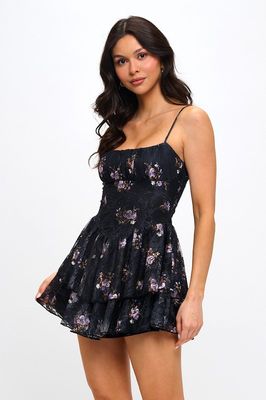 Floral Double Layer Skater Dress-Black