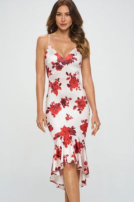 Floral Satin Ruffle Hem Midi  Dress-Ivory/Red