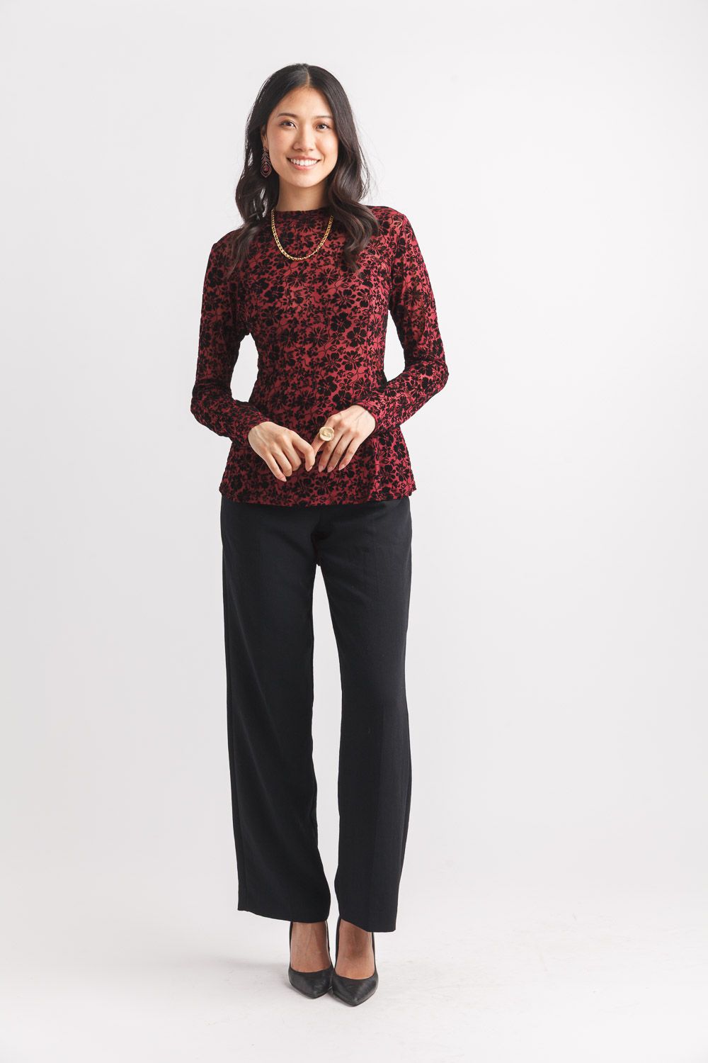 PT-19038 Mock Neck Floral Burnout Blouse-Burgundy