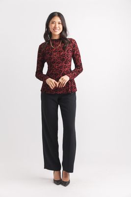 PT-19038 Mock Neck Floral Burnout Blouse-Burgundy