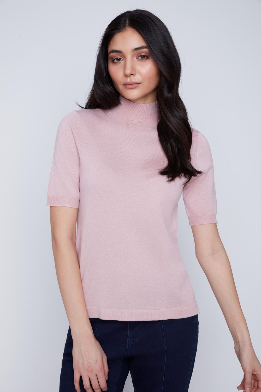 2523001 Mock Neck Knitted Sweater Top-Dusty Rose
