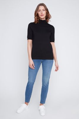2523001 Mock Neck Knitted Sweater Top-Black