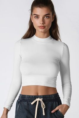 NS7606 Mock Neck Crop Top-White