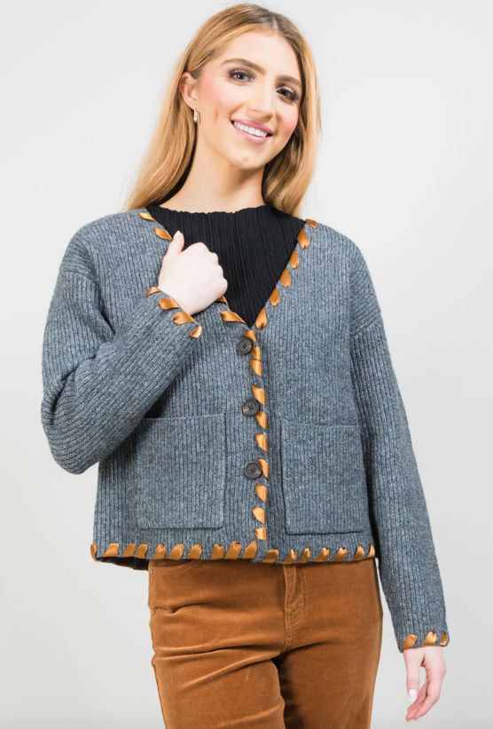 1401-1366 Sierra Ribbon Weave Cardigan-Heather Gry