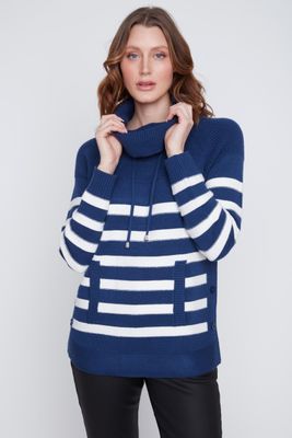 2523016 Cowl Neck Tunic Sweater-Navy/Winter White