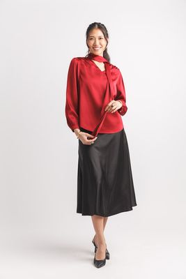 PT-19017 Solid Satin Top With Neck Tie-Burgundy