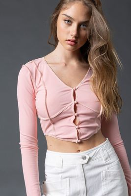 Remi L/S Button Crop Top-Dark Pink