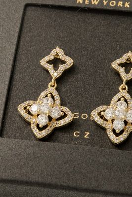 SB804445 Double Clover Stud Dangle Earrings-Gold