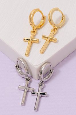 SB111696 Cross Charm Hoop Earrings-Gold
