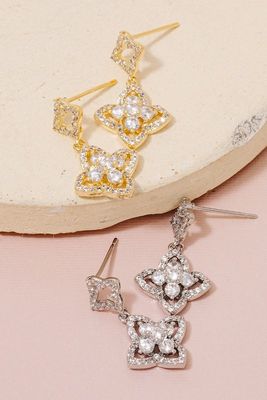 SB804445 Double Clover Stud Dangle Earrings-W Gold