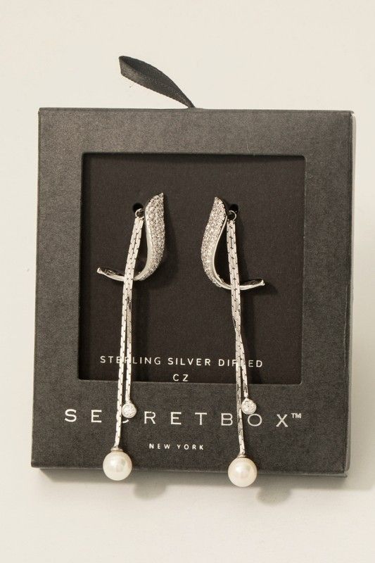 SB800465 Band &amp; Chain Stud Drop Earrings-WhiteGold