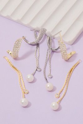 SB800465 Band &amp; Chain Stud Drop Earrings-WhiteGold