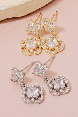 SB805399 Halo Clover Stud Dangle Earrings-Gold