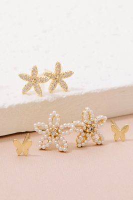 HSE81133 Flowers &amp; Butterflies Stud Earrings-Gold