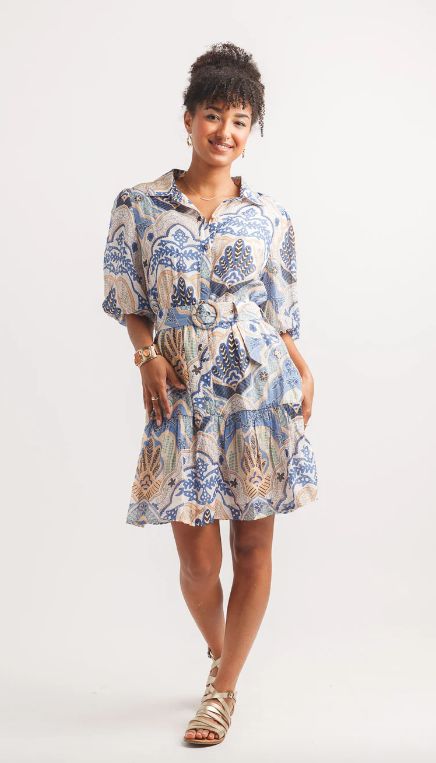 PD-20551 Boho Print Balloon Sleeve Dress-Blue
