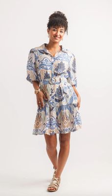 PD-20551 Boho Print Balloon Sleeve Dress-Blue