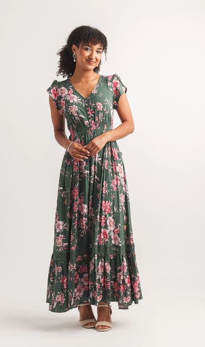 PD-20600 Floral Print S/S Maxi Dress-Green