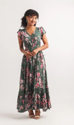 PD-20600 Floral Print S/S Maxi Dress-Green