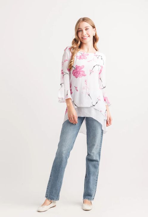 PT-20073 Iris Floral Layered 3/4 Sleeve Top-Pink