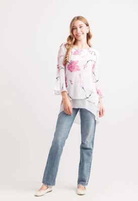 PT-20073 Iris Floral Layered 3/4 Sleeve Top-Pink
