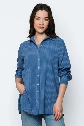 Noa Long Button Up Shirt-Blue Pinstripe