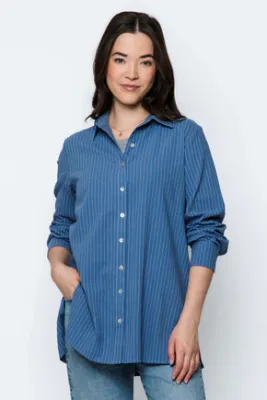 Noa Long Button Up Shirt-Blue Pinstripe