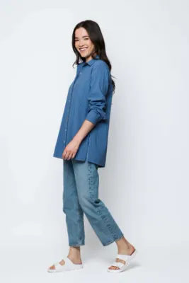 Noa Long Button Up Shirt-Blue Pinstripe
