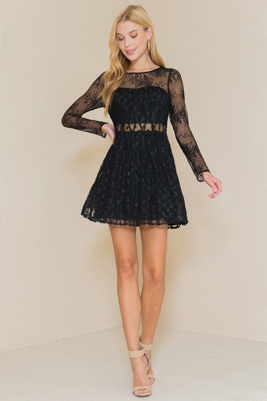 MF2785 Sheer Lace Short Dress-Black