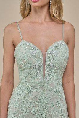 MF21002 Lace Front Slit Maxi Dress-Sage Green