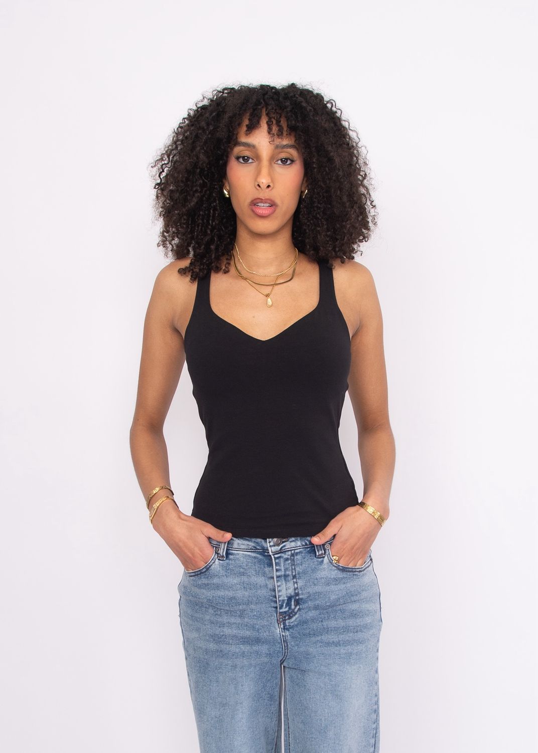 Imane Cotton Sweetheart Tank Top-Black
