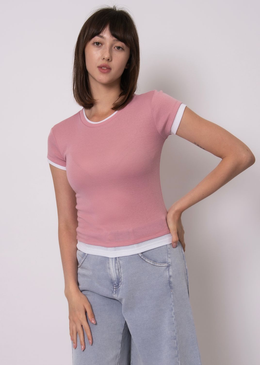 57T055S Larissa Faux Double Layer Top-Petal Pink