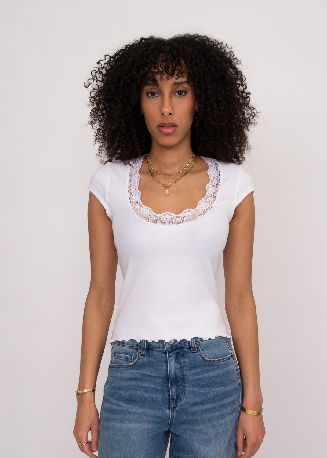57T182S Paige Cap Sleeve Lace Trim Top-White