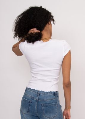 57T182S Paige Cap Sleeve Lace Trim Top-White