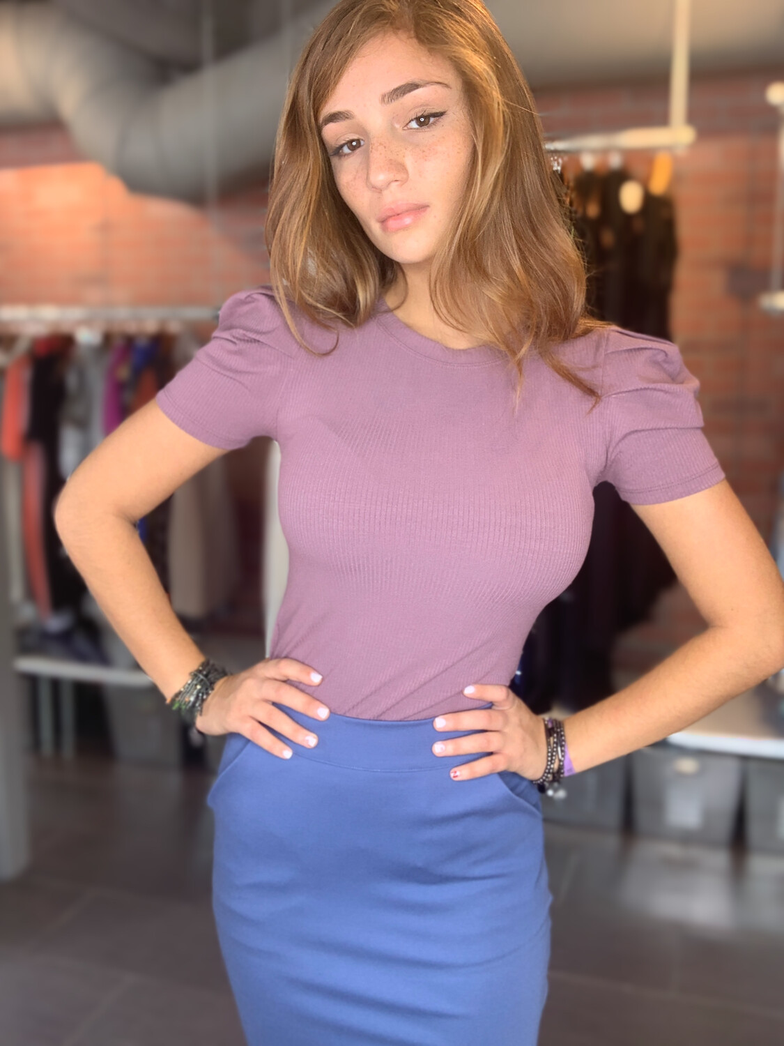 Ribbed Puff Sleeves Fitted Top