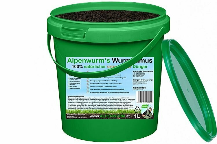 Wurmhumus / Wurmkompost - 1L | Geschenks-, Probe-Eimer | 100% natürlicher organischer Dünger